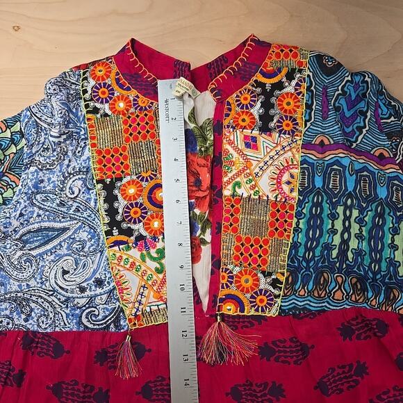 Anandas Boho Patchwork Tunic top Bell Sleeve Tassel Dress Women's Size XXL - Picture 10 of 11